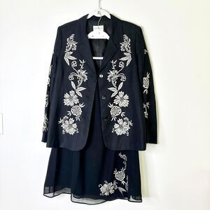 Victor Costa Ocassion Suit Women L Black Embroidered Skirt Blazer Linen Silk VTG